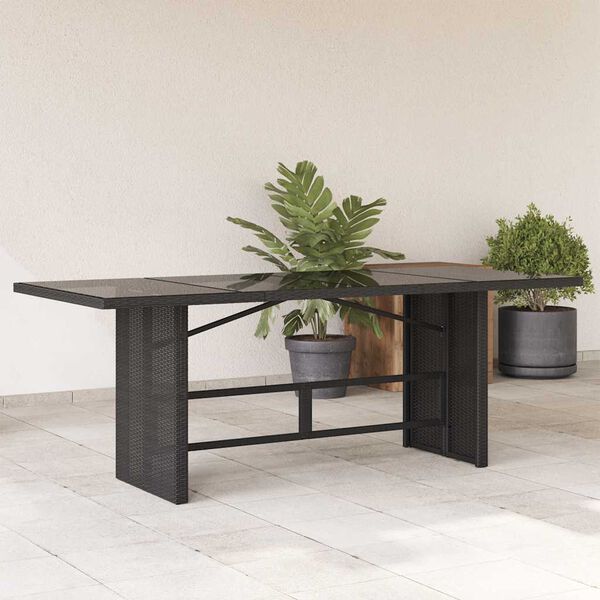 vidaXL طاولة حديقة وسطح زجاجي لون أسود 74x80x190 سم بولي روطان