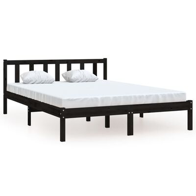 vidaXL إطار سرير خشب صنوبر صلب أسود 150×200 سم 5FT حجم كينج