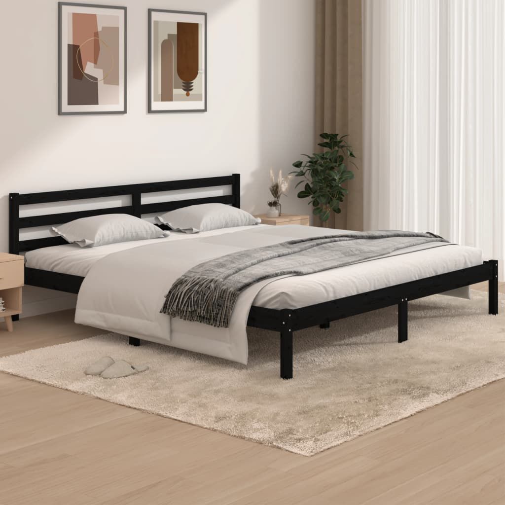 vidaXL إطار سرير خشب صنوبر صلب 180×200 سم أسود 6FT سوبر كينج