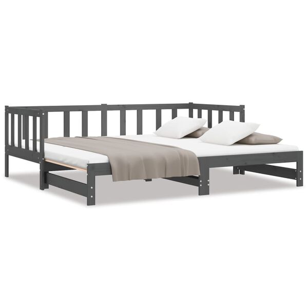 vidaXL سرير نهاري قابل للسحب خشب صنوبر صلب رمادي 2×(90×200) سم