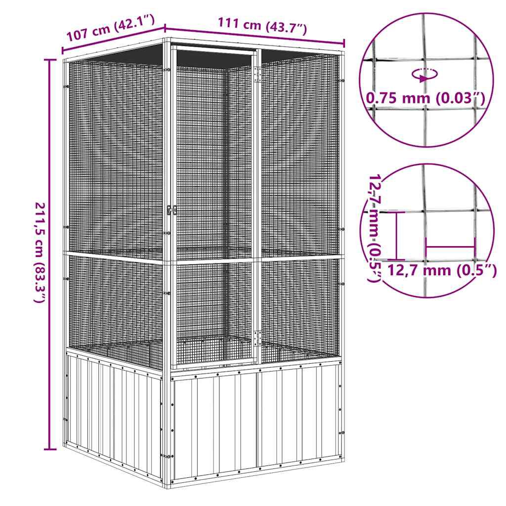 vidaXL قفص طيور لون رمادي 211,5x107x111 سم فولاذ مجلفن