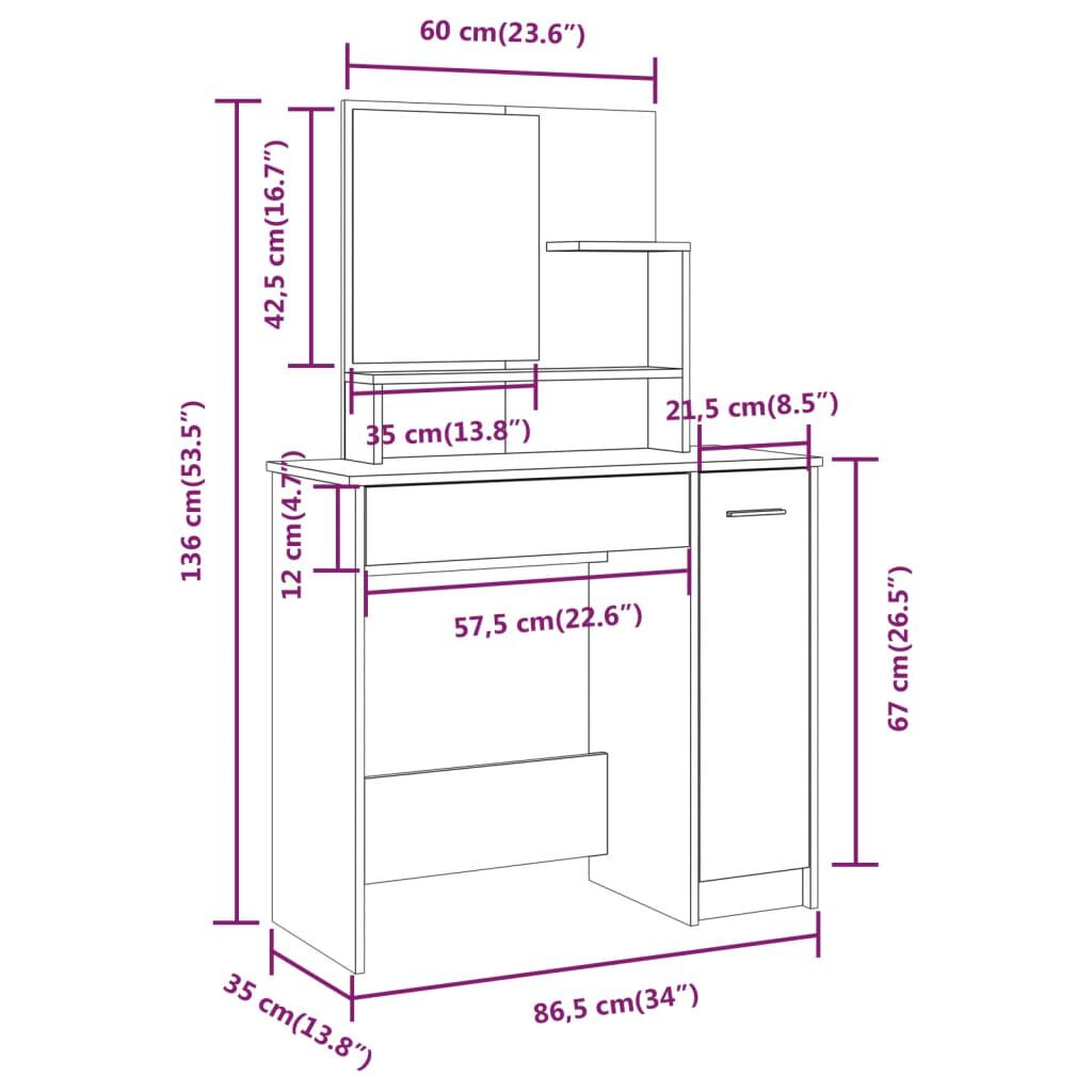 vidaXL طاولة تسريحة مع مرآة أبيض 86.5x35x136 سم