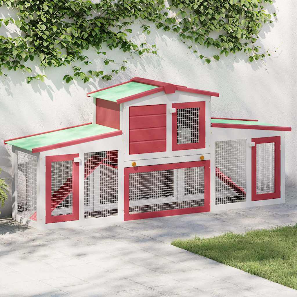 vidaXL قفص أرانب خارجي كبير أحمر وأبيض 204×45×85 سم خشب
