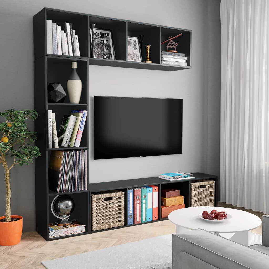 vidaXL طقم خزانة كتب/ تلفزيون 3 قطع أسود 180×30×180 سم