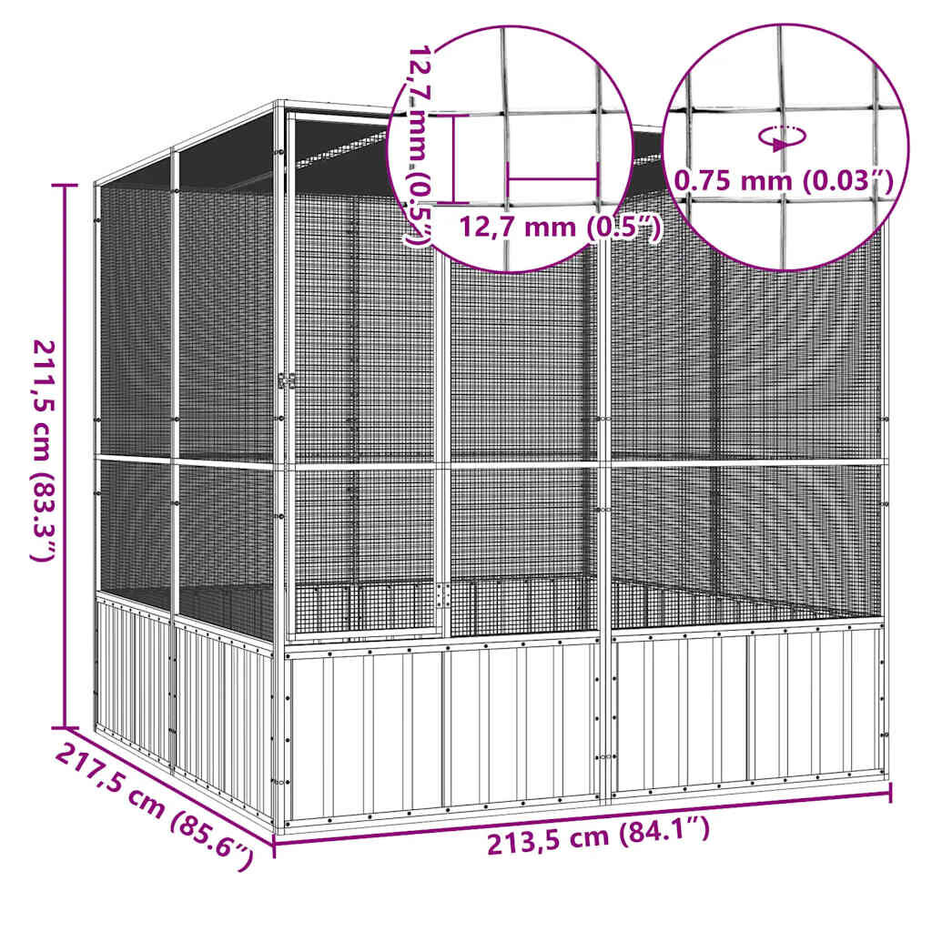 vidaXL قفص طيور لون رمادي 211,5x217,5x213,5 سم فولاذ مجلفن