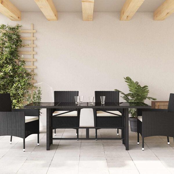 vidaXL طاولة حديقة وسطح زجاجي لون أسود 74x80x190 سم بولي روطان
