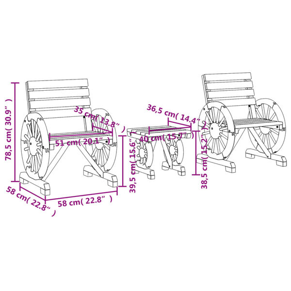 vidaXL طقم جلسة حديقة 3 قطع خشب تنوب صلب