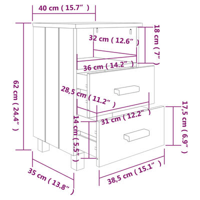 vidaXL خزانات جانب السرير 2 ق أبيض 40×35×62 سم خشب صنوبر صلب