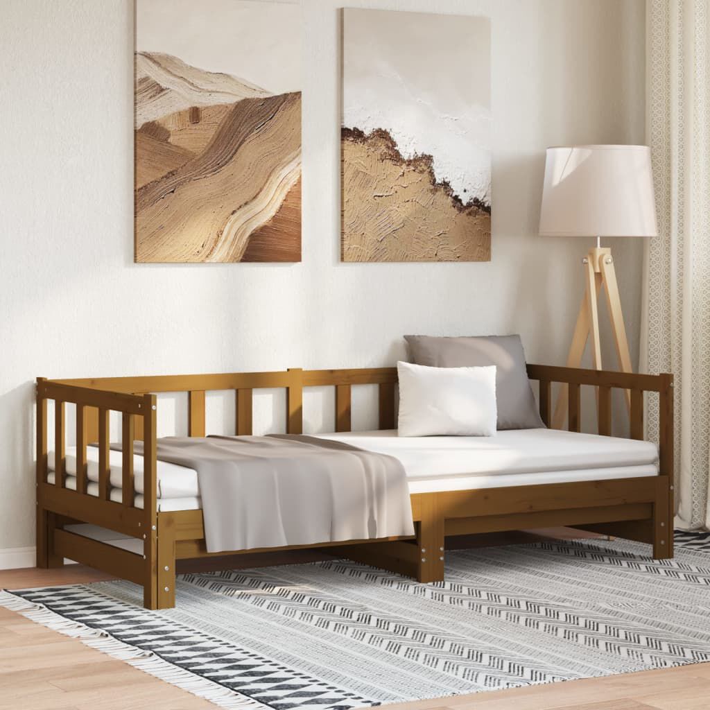 vidaXL سرير نهاري قابل للسحب خشب صنوبر صلب بني عسلي 2×(90×200) سم
