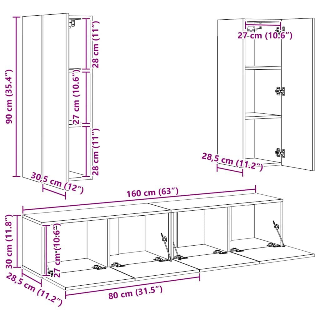 vidaXL طقم خزانة تلفزيون 4 ق خشب صناعي أبيض (801472x2+803345)