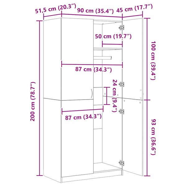 vidaXL خزانة ملابس لون أسود 90×52×200 سم خشب صناعي