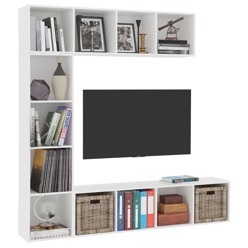 vidaXL طقم خزانة كتب/ تلفزيون 3 قطع لون أبيض 180×30×180 سم