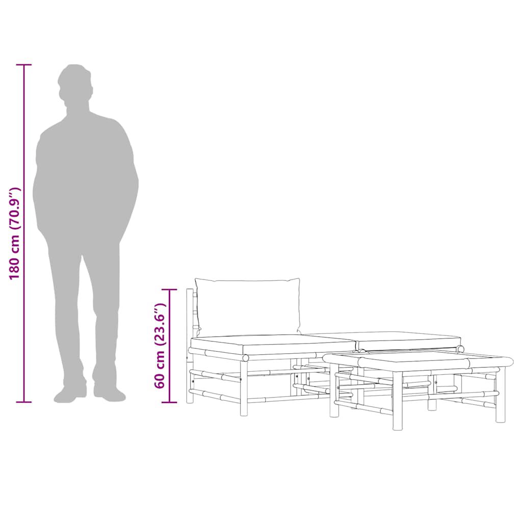 vidaXL طقم جلسة حديقة 3 قطع مع وسائد بيضاء كريمية خيزران