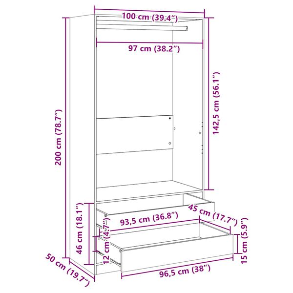 vidaXL خزانة ملابس لون أسود 100×50×200 سم خشب صناعي
