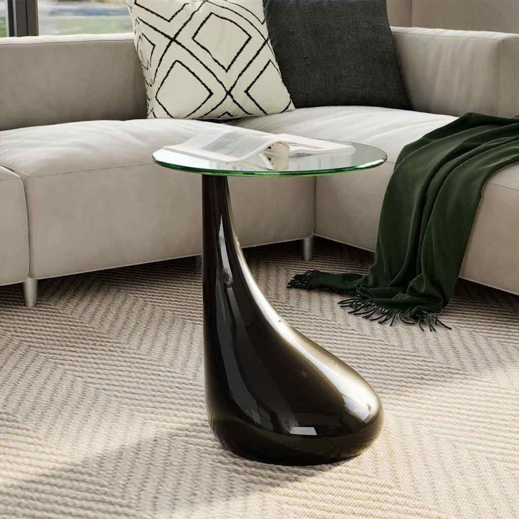 vidaXL طاولة قهوة بسطح زجاجي مستدير أسود شديد اللمعان