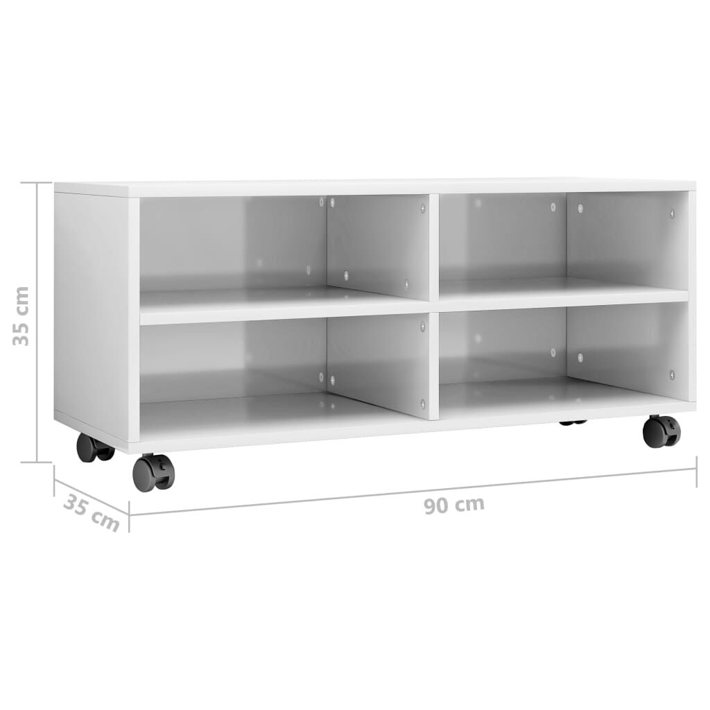 vidaXL طاولة تلفزيون بعجلات أبيض لامع 90×35×35 سم خشب مضغوط