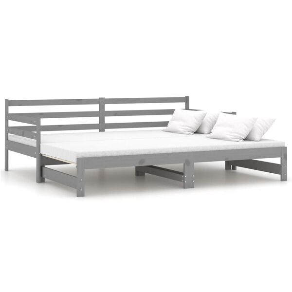 vidaXL سرير نهاري قابل للسحب خشب صنوبر صلب رمادي 2×(90×200) سم