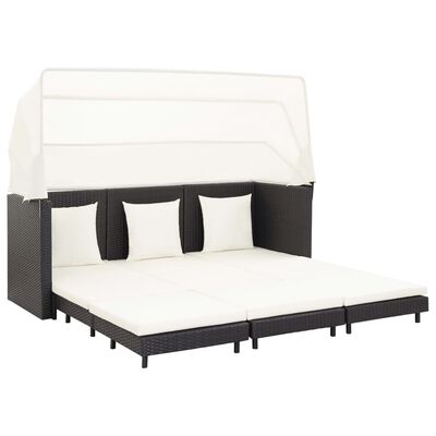 vidaXL سرير أريكة 3 مقاعد قابلة للتمدد مع سقف بولي روطان أسود