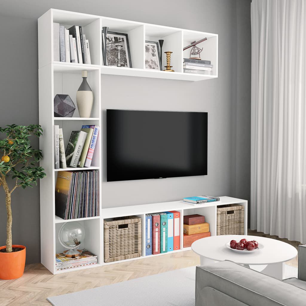 vidaXL طقم خزانة كتب/ تلفزيون 3 قطع لون أبيض 180×30×180 سم