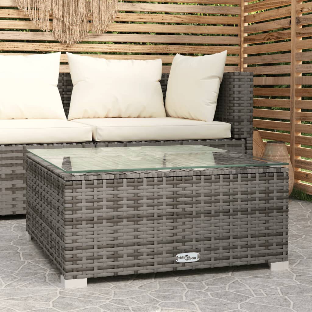 vidaXL طاولة قهوة حديقة رمادي 60×60×30 سم بولي روطان وزجاج