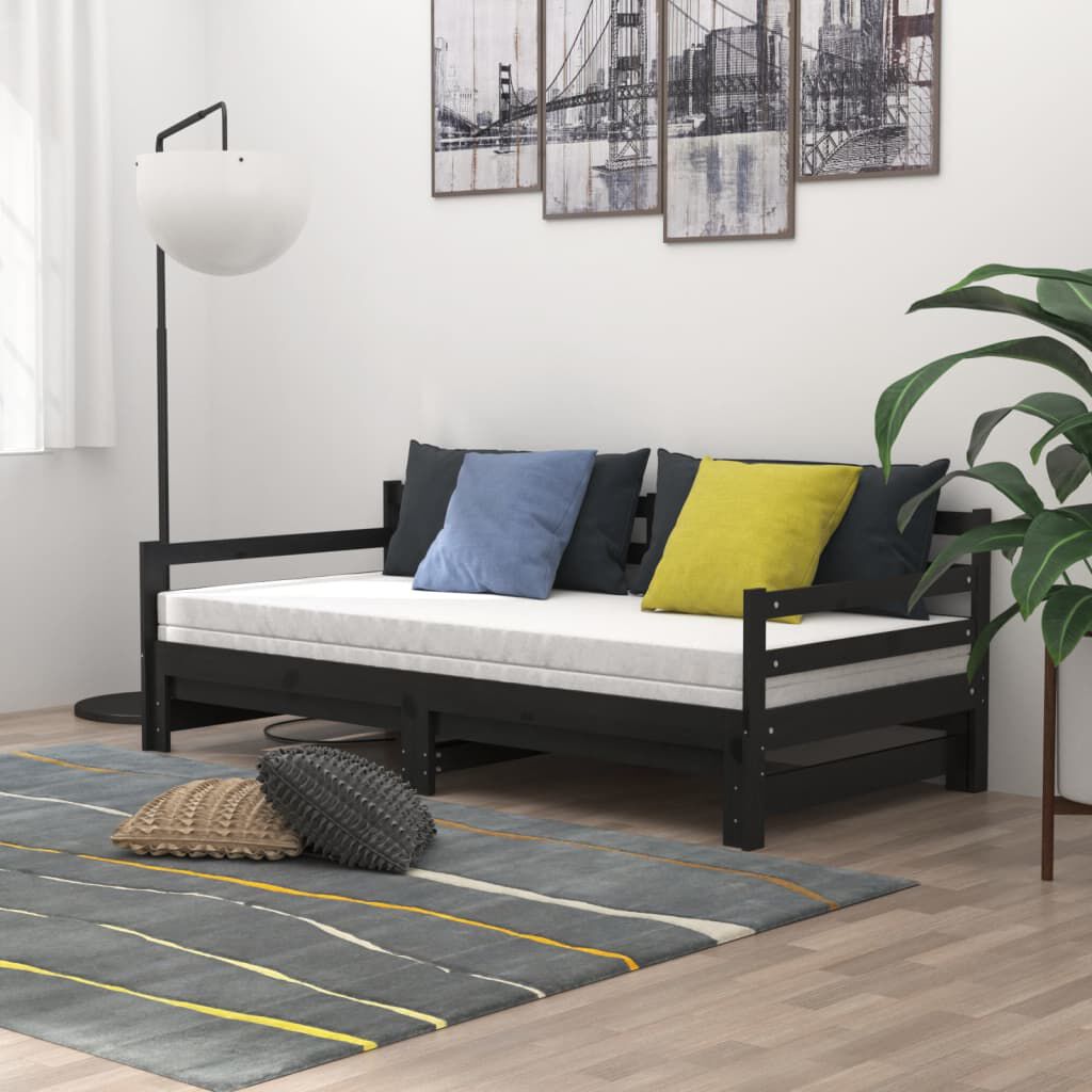 vidaXL سرير نهاري قابل للسحب خشب صنوبر صلب أسود 2×(90×200) سم
