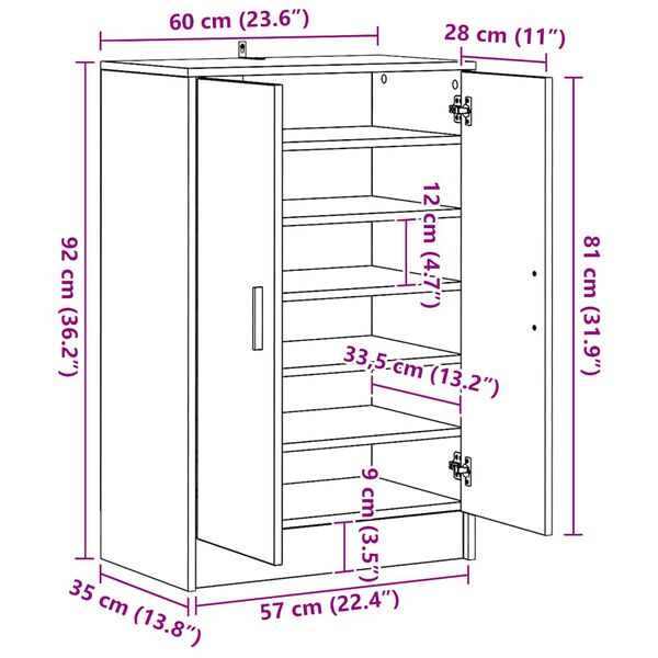 vidaXL خزانة أحذية أسود 60×35×92 سم خشب صناعي
