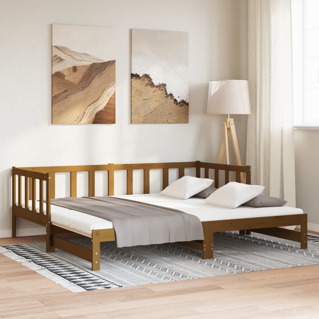 vidaXL سرير نهاري قابل للسحب خشب صنوبر صلب بني عسلي 2×(90×200) سم