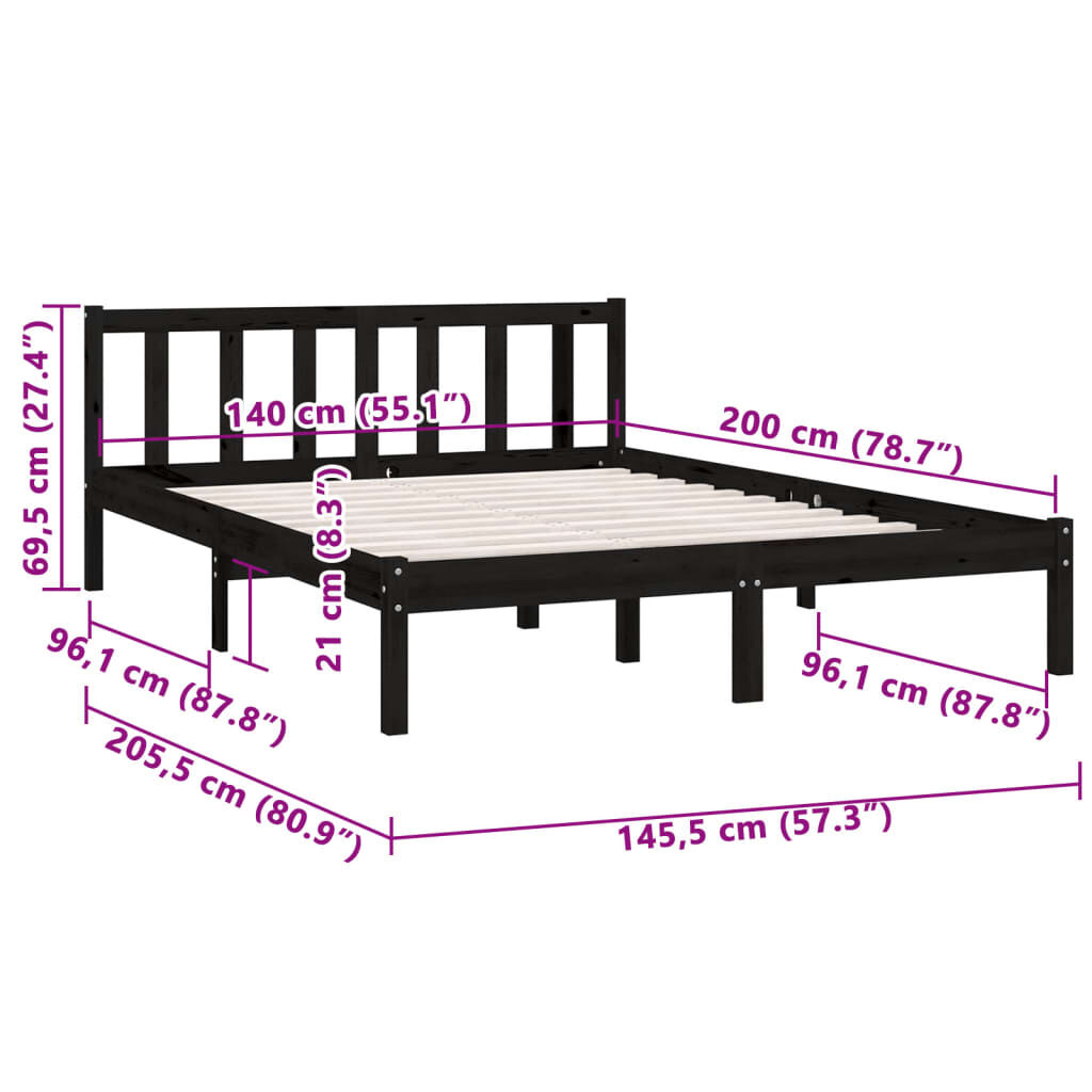 vidaXL إطار سرير خشب صنوبر صلب أسود 140×200 سم