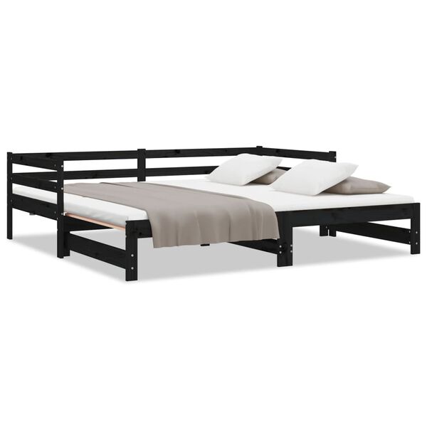 vidaXL سرير نهاري قابل للسحب خشب صنوبر صلب أسود 2×(90×200) سم