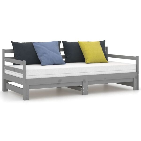 vidaXL سرير نهاري قابل للسحب خشب صنوبر صلب رمادي 2×(90×200) سم