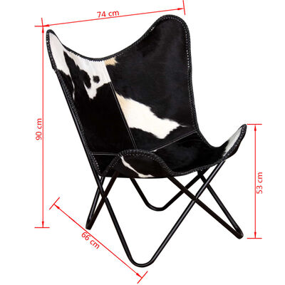 vidaXL كرسي فراشة أسود وأبيض من جلد البقر الطبيعي