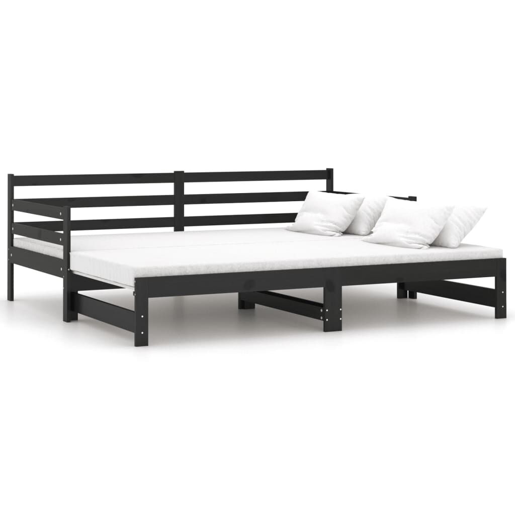 vidaXL سرير نهاري قابل للسحب خشب صنوبر صلب أسود 2×(90×200) سم
