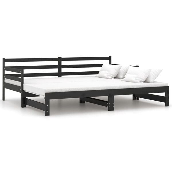 vidaXL سرير نهاري قابل للسحب خشب صنوبر صلب أسود 2×(90×200) سم