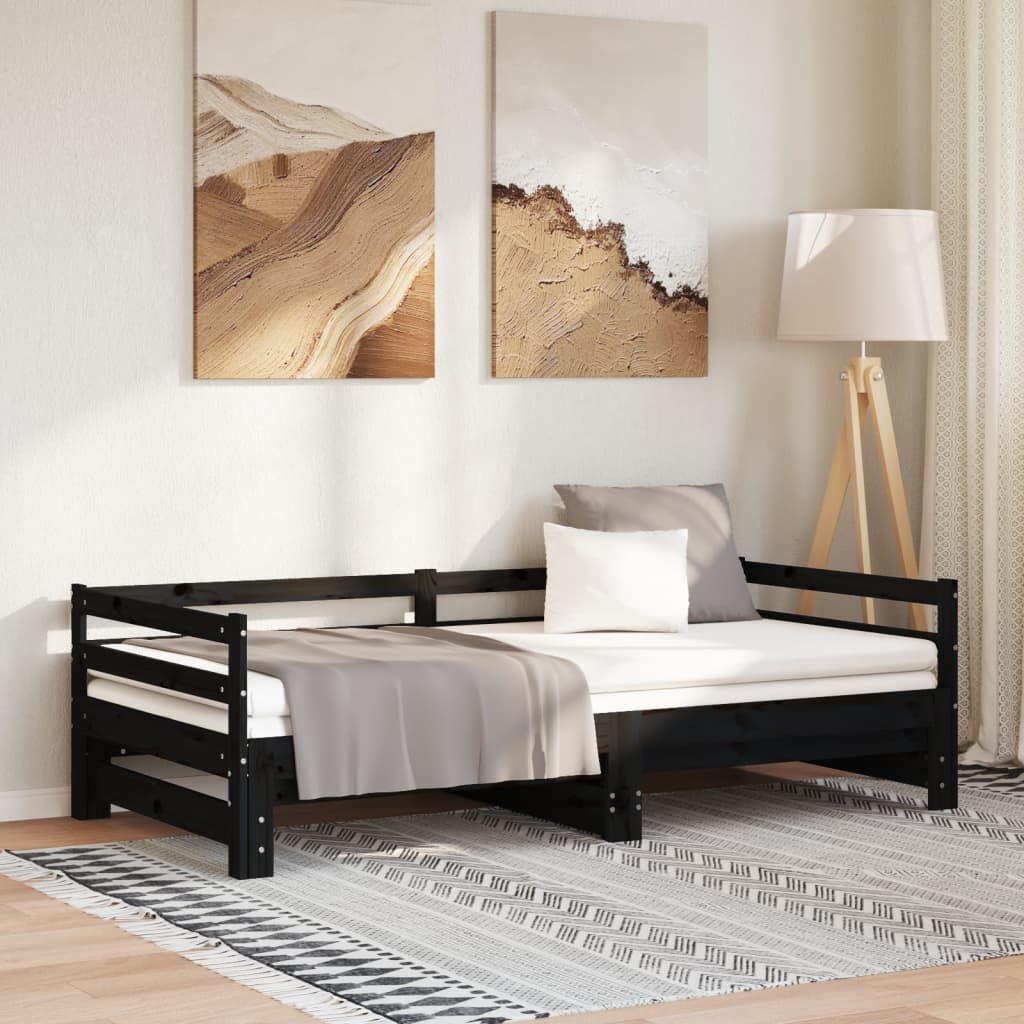 vidaXL سرير نهاري قابل للسحب خشب صنوبر صلب أسود 2×(90×200) سم