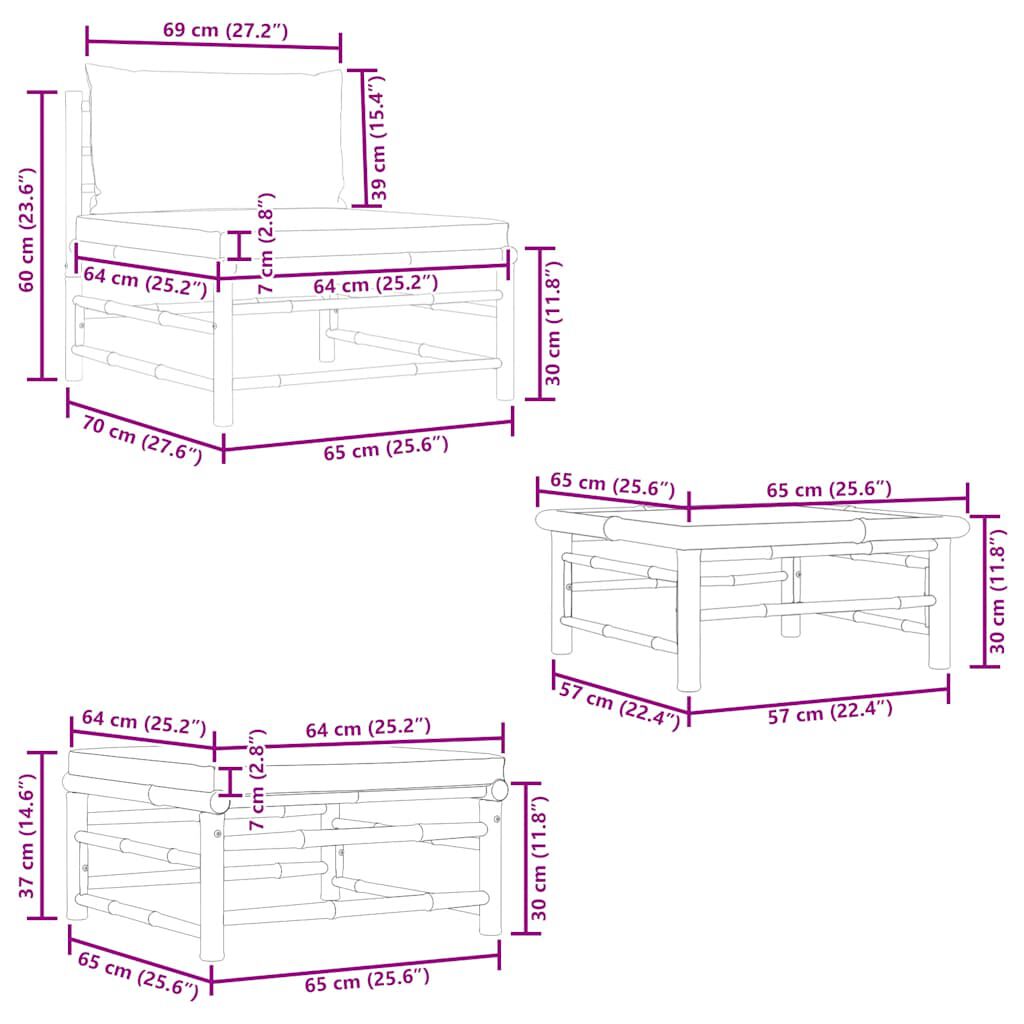 vidaXL طقم جلسة حديقة 3 قطع مع وسائد بيضاء كريمية خيزران