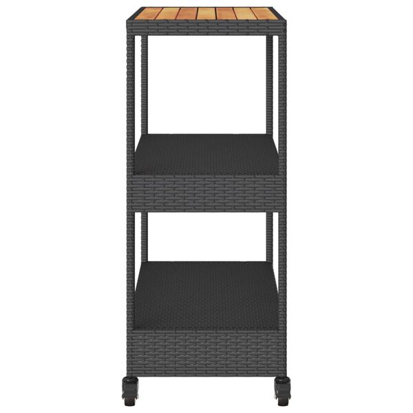 vidaXL عربة بار 3 أدوار لون أسود بولي روطان وخشب أكاسيا صلب