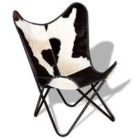 vidaXL كرسي فراشة أسود وأبيض من جلد البقر الطبيعي