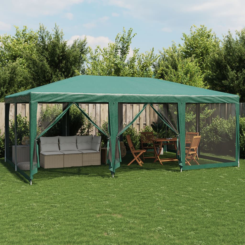 vidaXL خيمة حفلات 10 جدران جانبية شبكية لون أخضر 6×4 م HDPE
