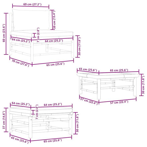 vidaXL طقم جلسة حديقة 3 قطع مع وسائد بيضاء كريمية خيزران