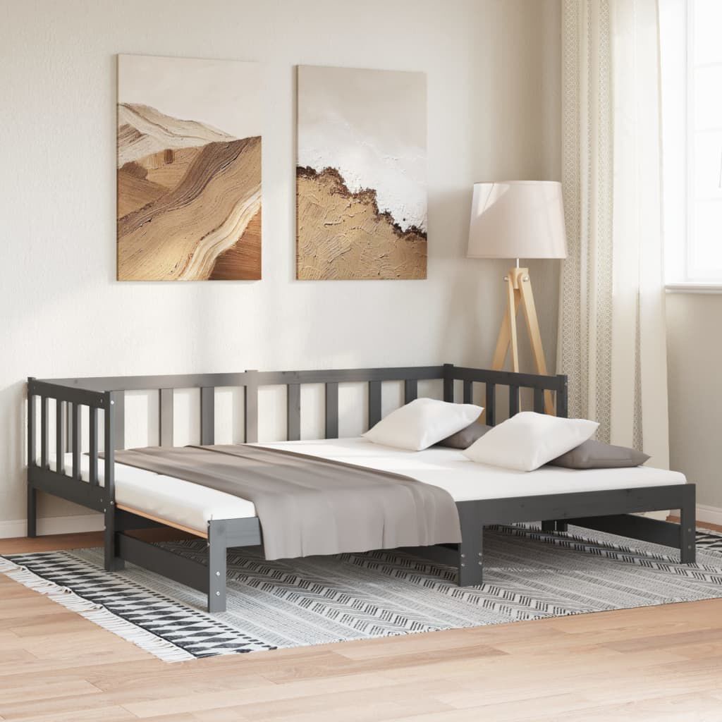 vidaXL سرير نهاري قابل للسحب خشب صنوبر صلب رمادي 2×(90×200) سم