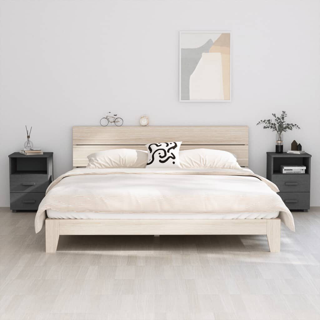 vidaXL خزانات جانب السرير 2 ق رمادي داكن 40×35×62 سم خشب صنوبر صلب