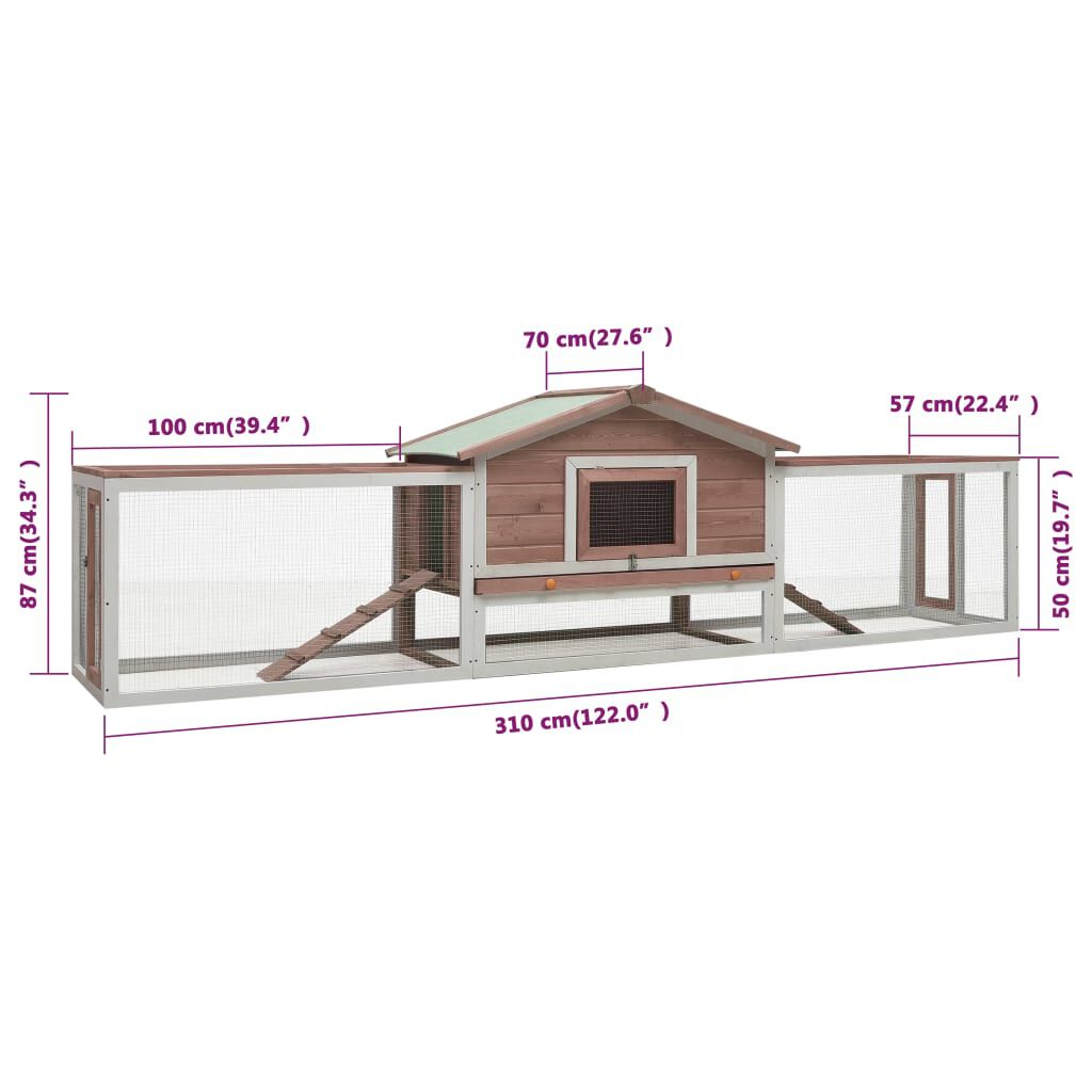 vidaXL قفص أرانب لون موكا 87x70x310 سم خشب صنوبر صلب وخشب تنوب