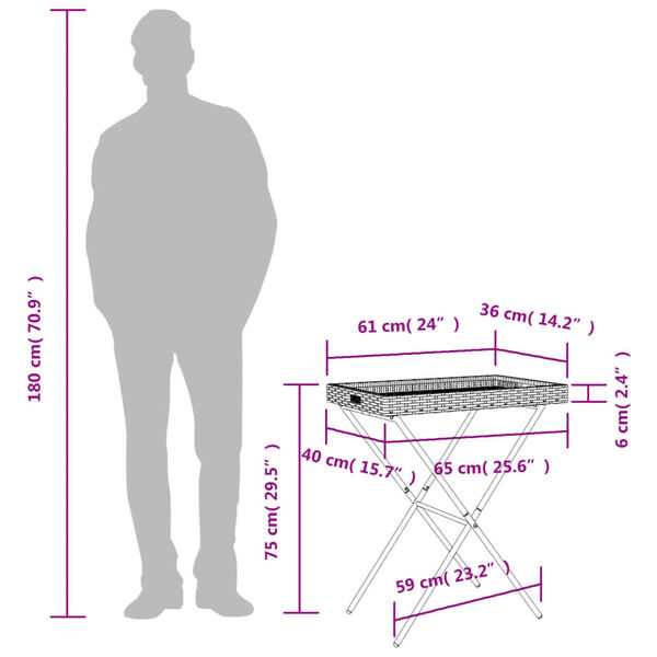 vidaXL طاولة صينية قابلة للطي لون أسود 65×40×75 سم بولي روطان