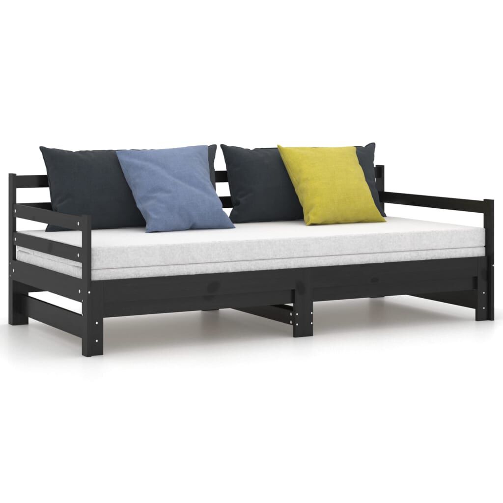 vidaXL سرير نهاري قابل للسحب خشب صنوبر صلب أسود 2×(90×200) سم