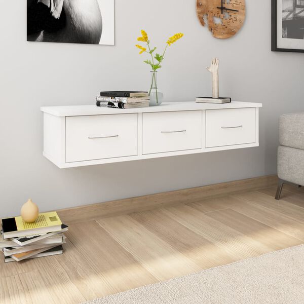 vidaXL رف مع درج جداري أبيض 88×26×18.5 سم خشب صناعي