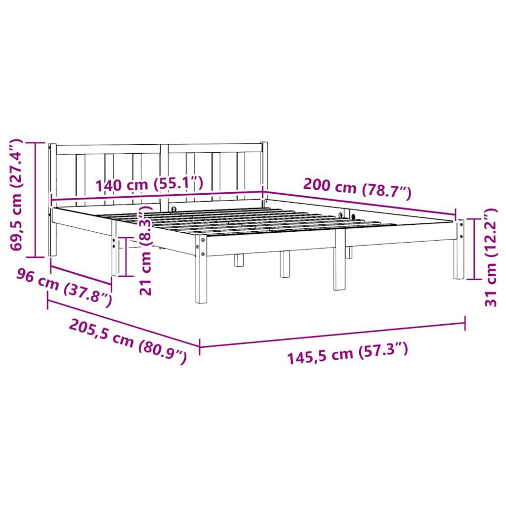 vidaXL إطار سرير خشب صنوبر صلب أسود 140×200 سم