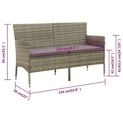 vidXL أريكة حديقة 3 مقاعد مع وسادة لون رمادي بولي روطان