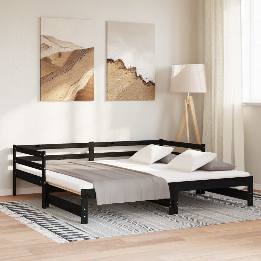 vidaXL سرير نهاري قابل للسحب خشب صنوبر صلب أسود 2×(90×200) سم
