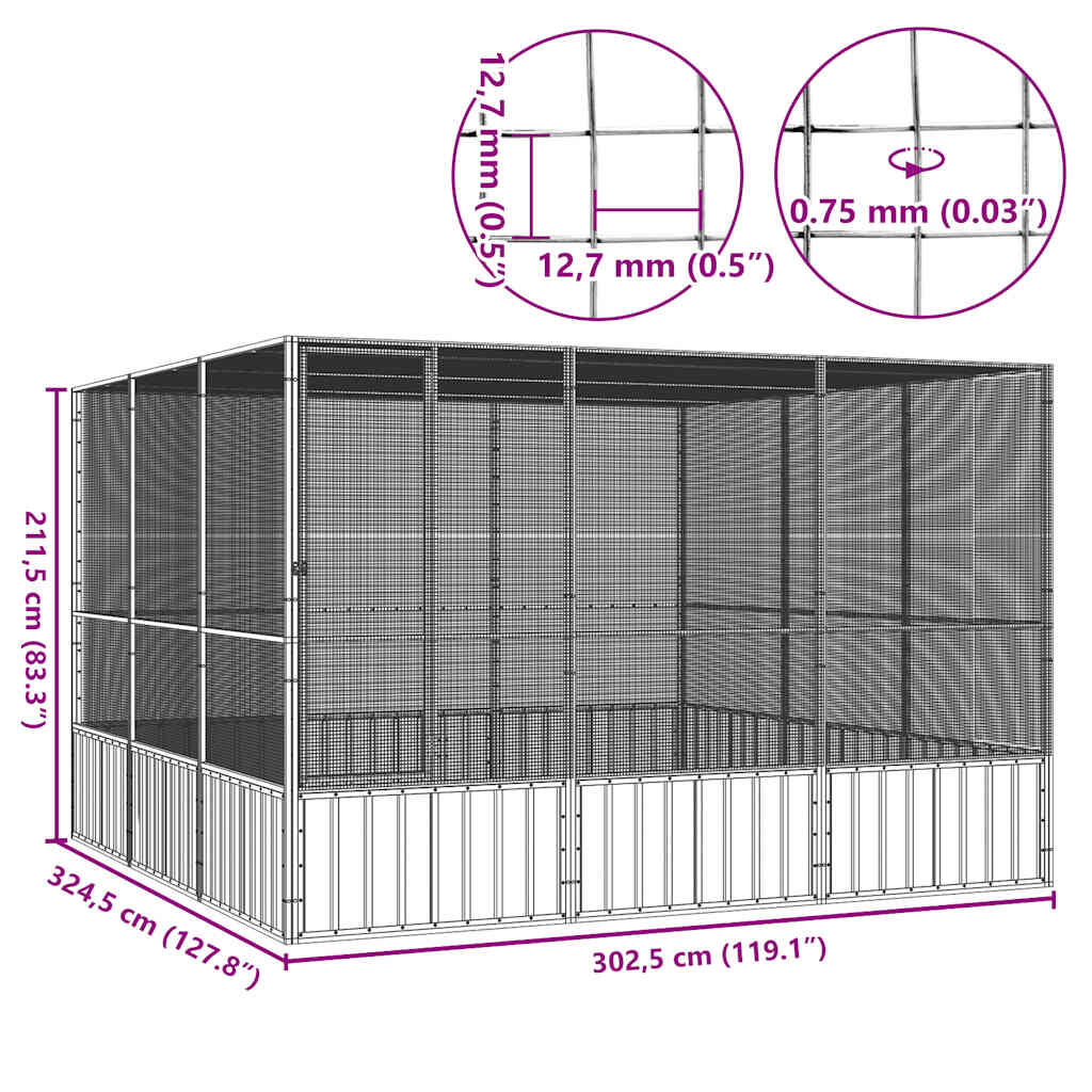 vidaXL قفص طيور لون رمادي 211,5x324,5x302,5 سم فولاذ مجلفن