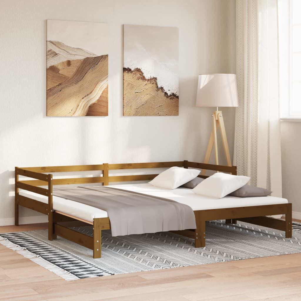 vidaXL سرير نهاري قابل للسحب خشب صنوبر صلب بني عسلي 2×(90×200) سم
